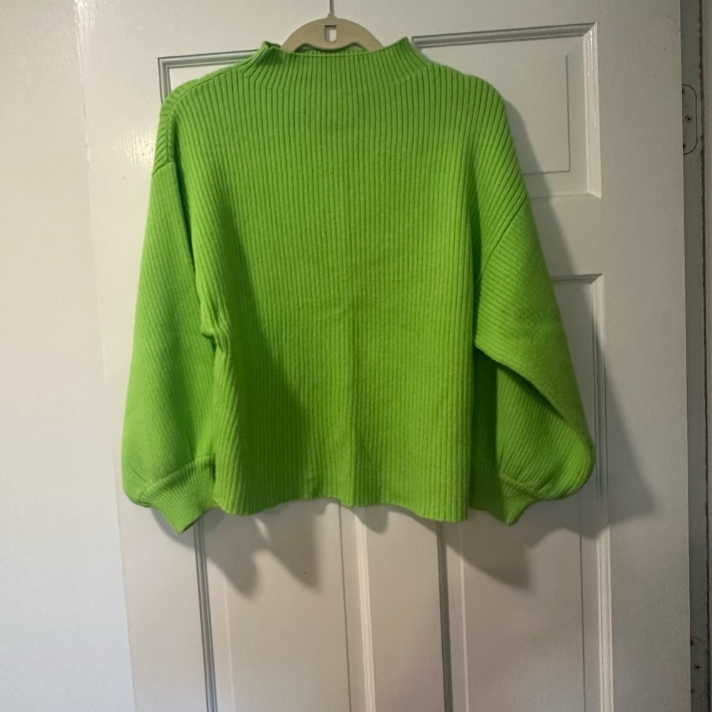 Line & Dot Green Cowl Neck Sweater with Voluminous Sleeves